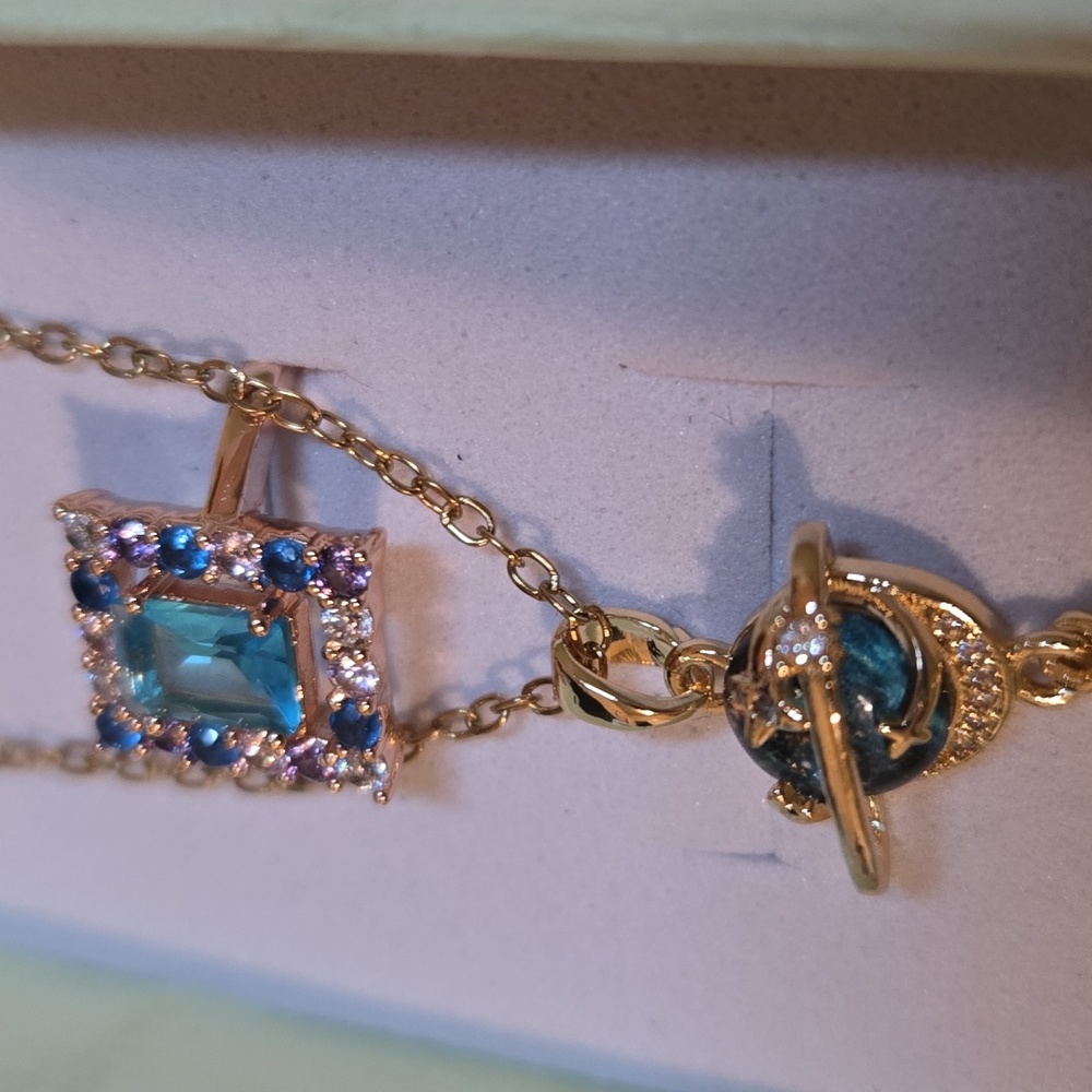 Gold-Tone Cosmic Necklace & Ring Set ✨ Blue Stone